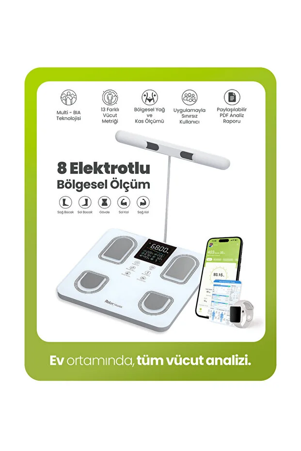 8 Elektrotlu Akıllı Tartı - Segmental Vücut Analizi, Multi-BIA, Yağ, Sıvı, Kas Ölçer